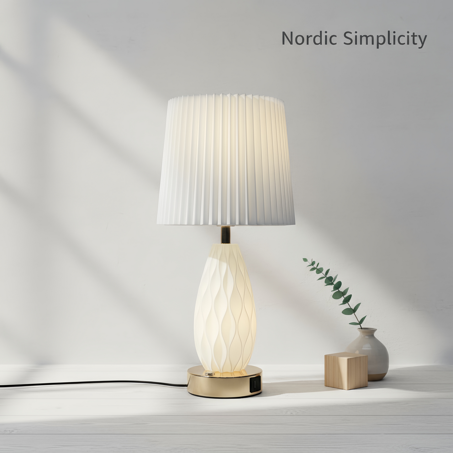 Minimalist White Wavy Glass Table Lamp with Pleated Fabric Shade, Modern Warm Glow Bedside Nightstand Lamp for Bedroom Decor