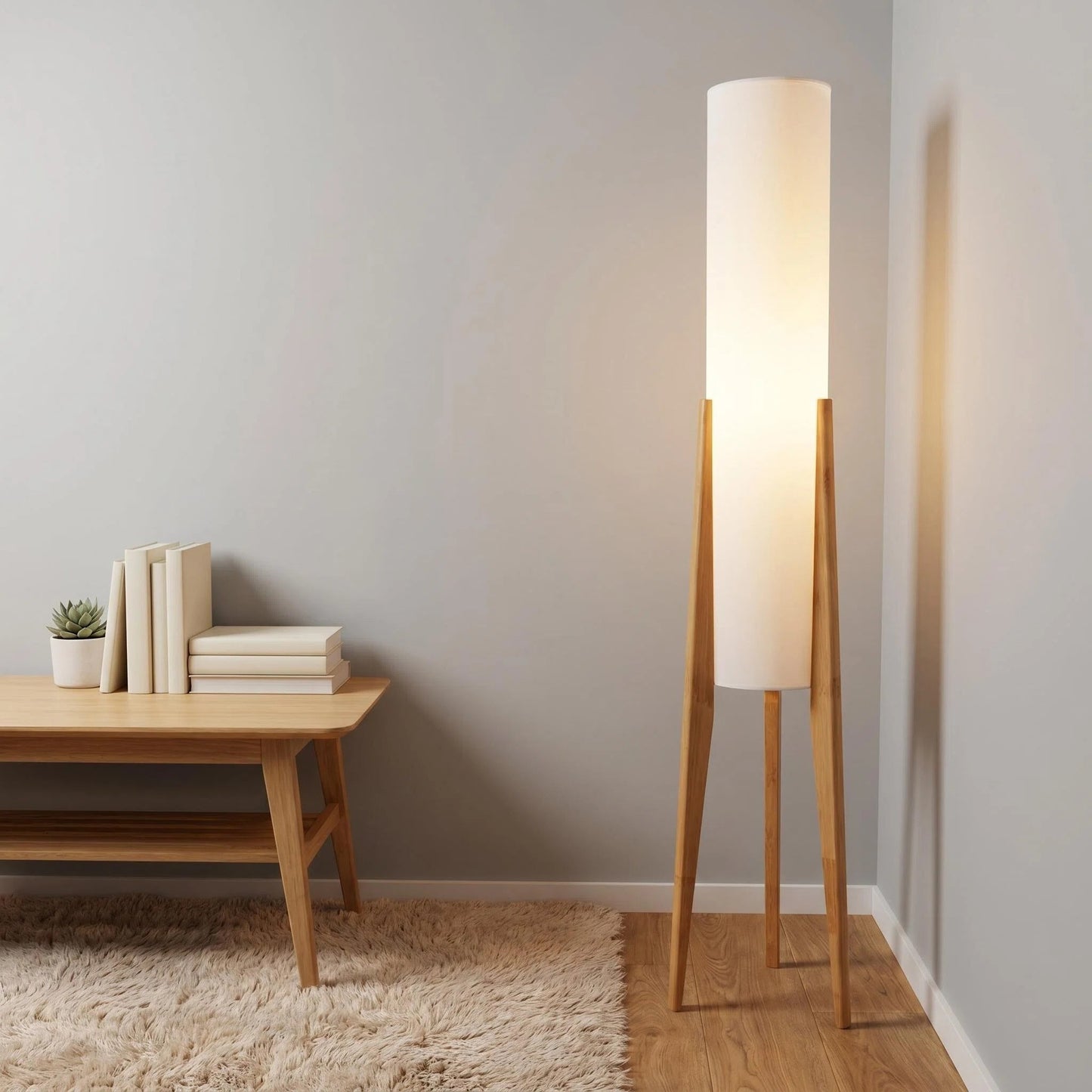 Tripod Wood Floor Lamp with White Cylinder Fabric Shade, Minimalist Japanese Standing Lamp for Living Room Bedroom Wabi-Sabi Decor