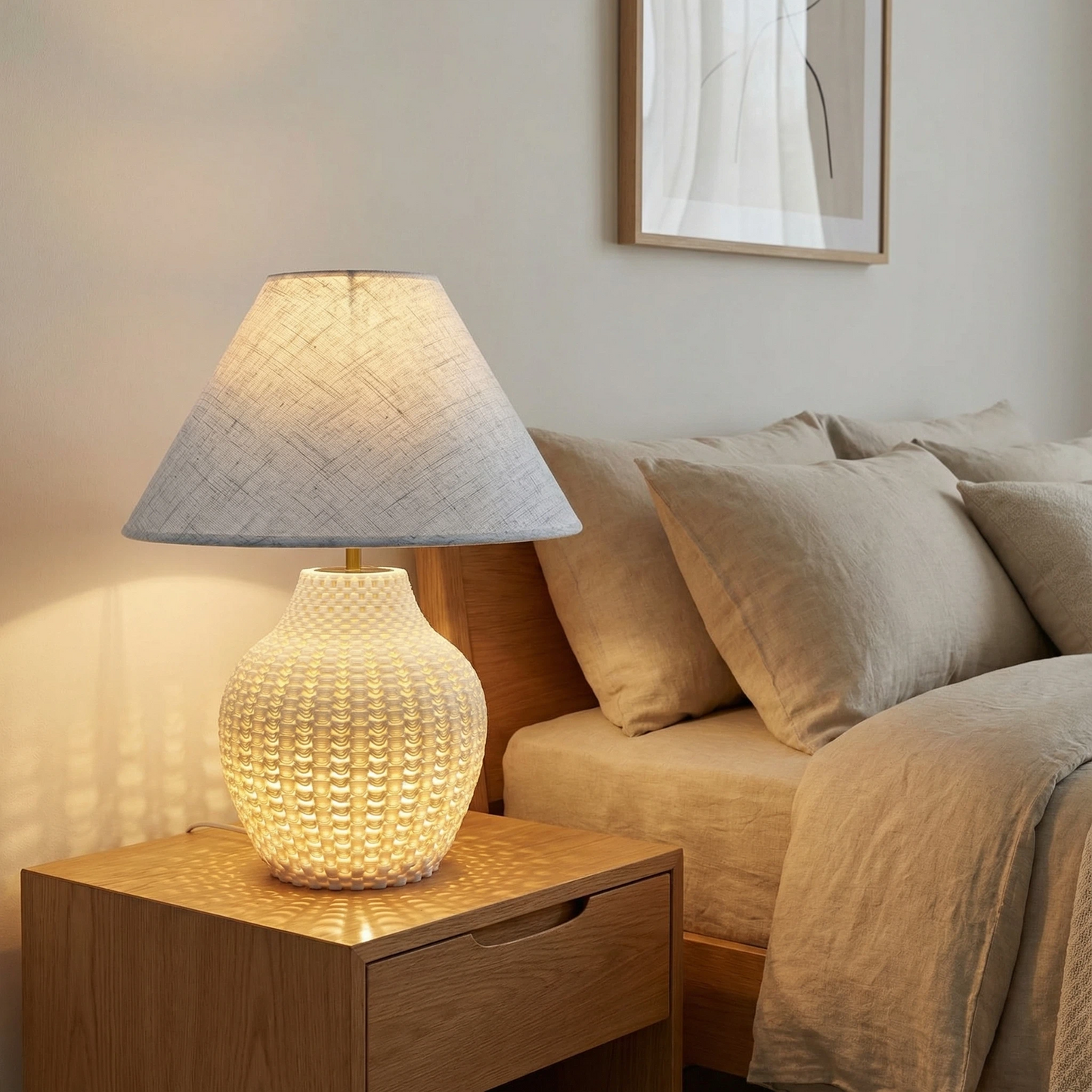 Textured Glazed Ceramic Accent Lamp, Soft Linen Shade Bedside Decor Lamp