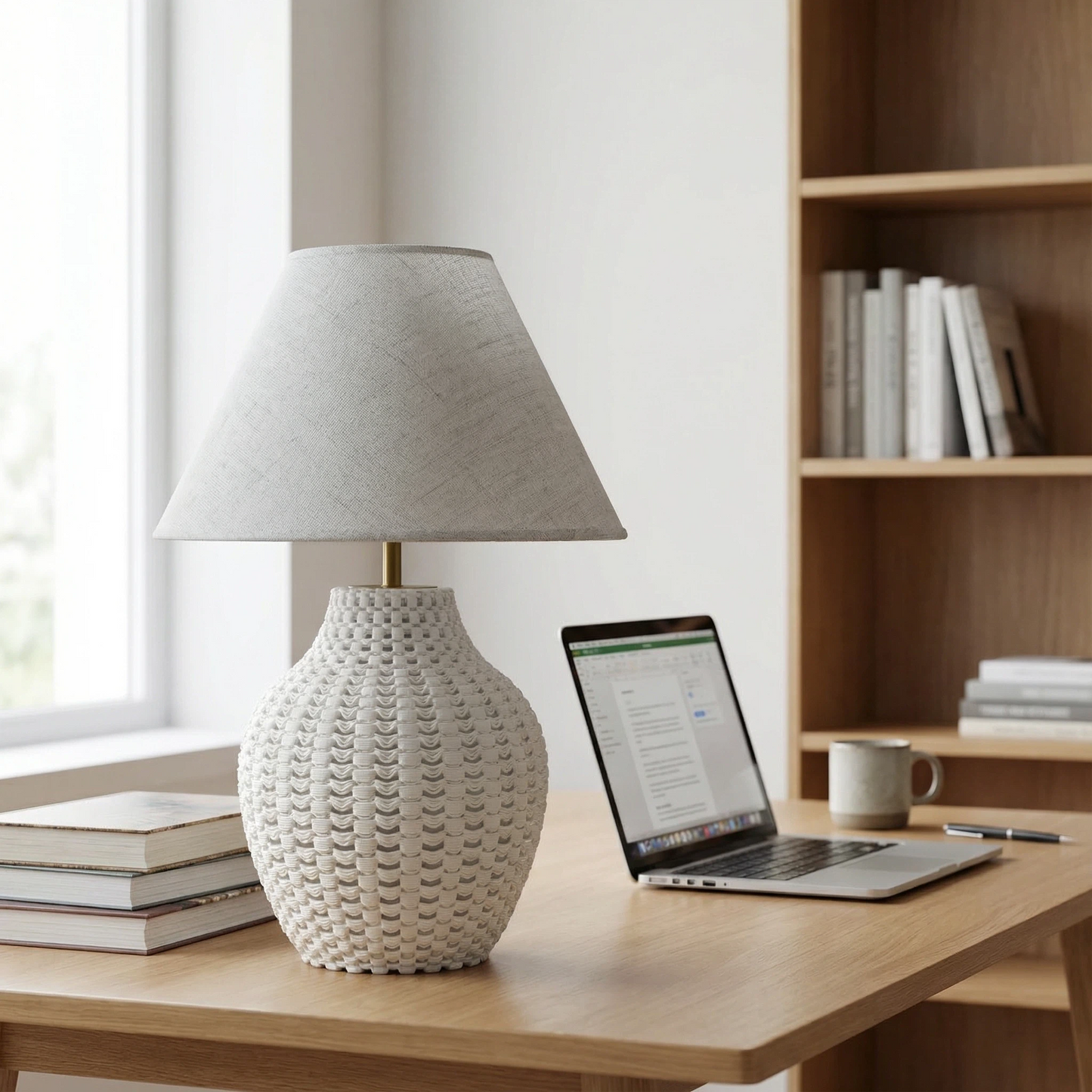 Textured Glazed Ceramic Accent Lamp, Soft Linen Shade Bedside Decor Lamp
