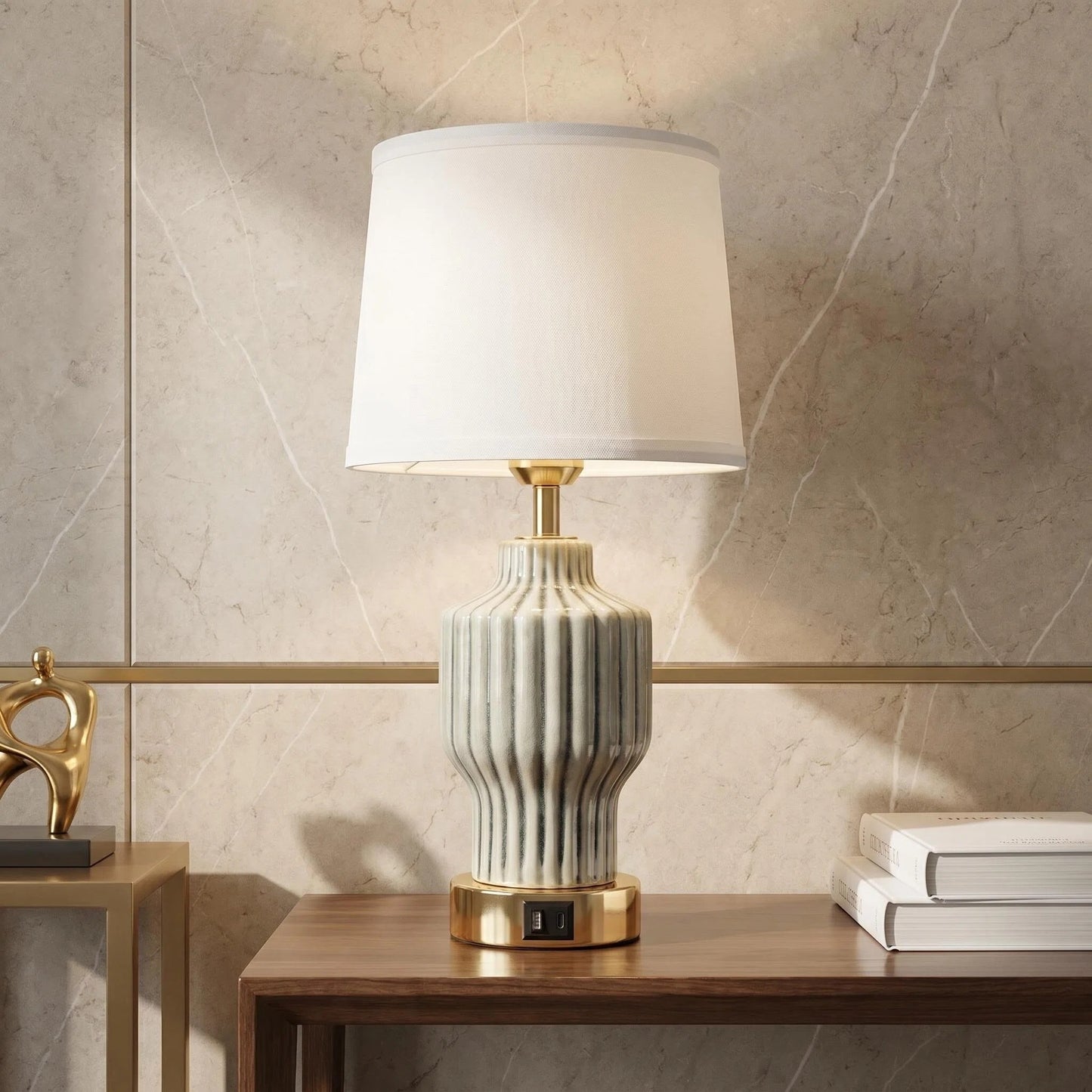 Grey Vertical Ribbed Ceramic Table Lamp with USB Charging Port, Linen Shade Modern Farmhouse Bedside Lamp for Neutral Bedroom Living Room Decor