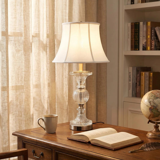 Vintage Carved Crystal Glass Table Lamp with Beige Linen Shade, Traditional Bedside Nightstand Lamp for Bedroom Living Room Decor