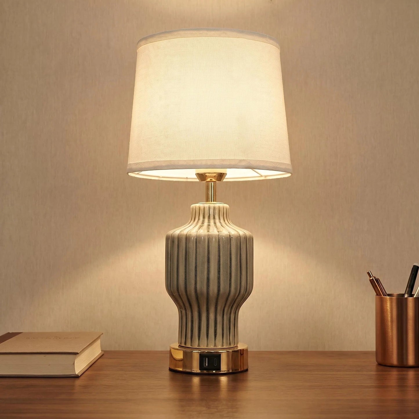 Grey Vertical Ribbed Ceramic Table Lamp with USB Charging Port, Linen Shade Modern Farmhouse Bedside Lamp for Neutral Bedroom Living Room Decor