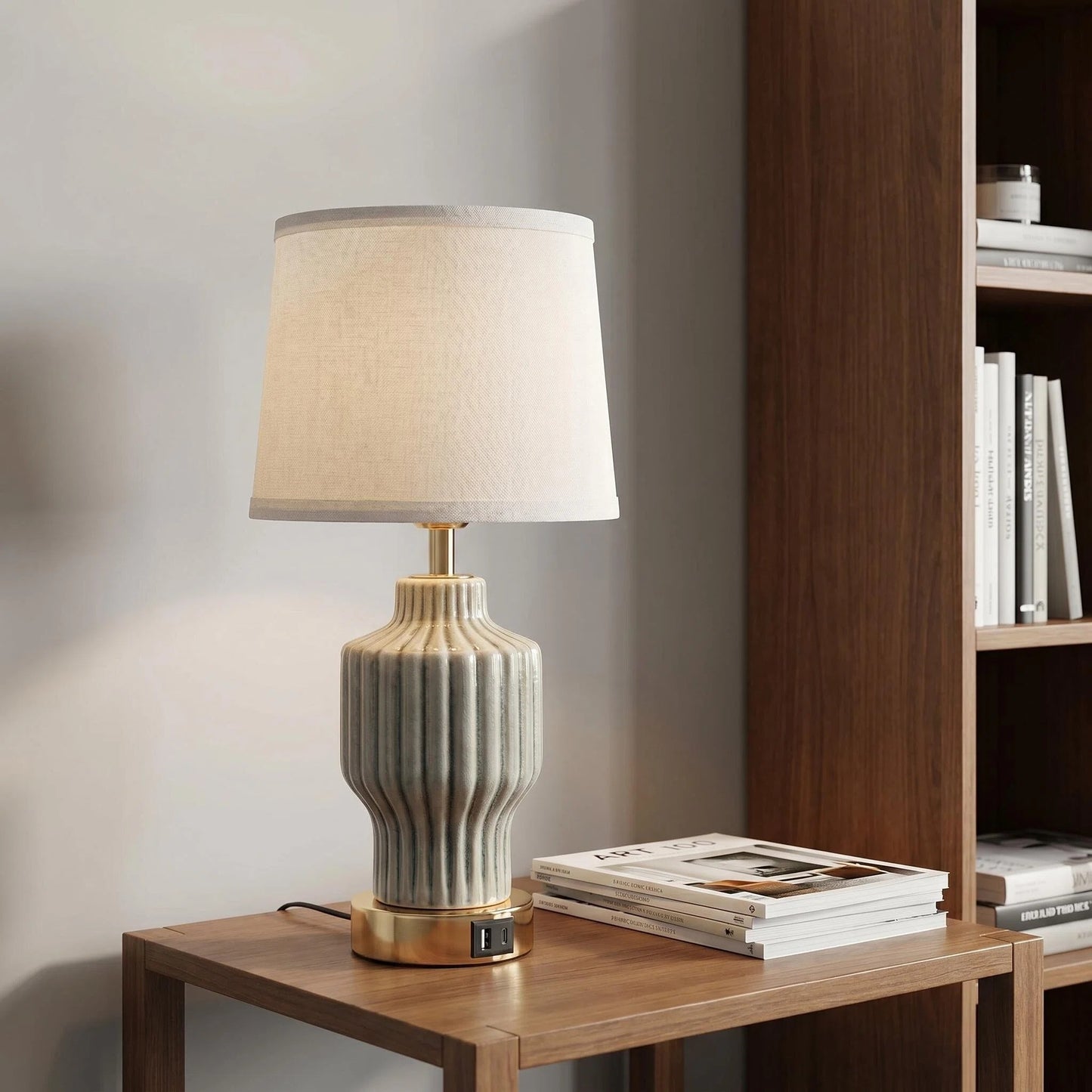 Grey Vertical Ribbed Ceramic Table Lamp with USB Charging Port, Linen Shade Modern Farmhouse Bedside Lamp for Neutral Bedroom Living Room Decor