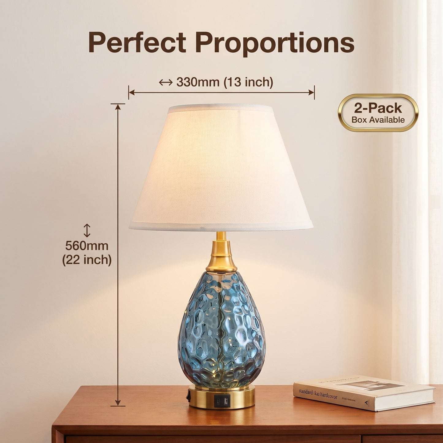Water Wave Blue Glass Table Lamp, Luxury Gold Base Nightstand Lamp Dimmable Accent Lighting for Hotel & Home Decor
