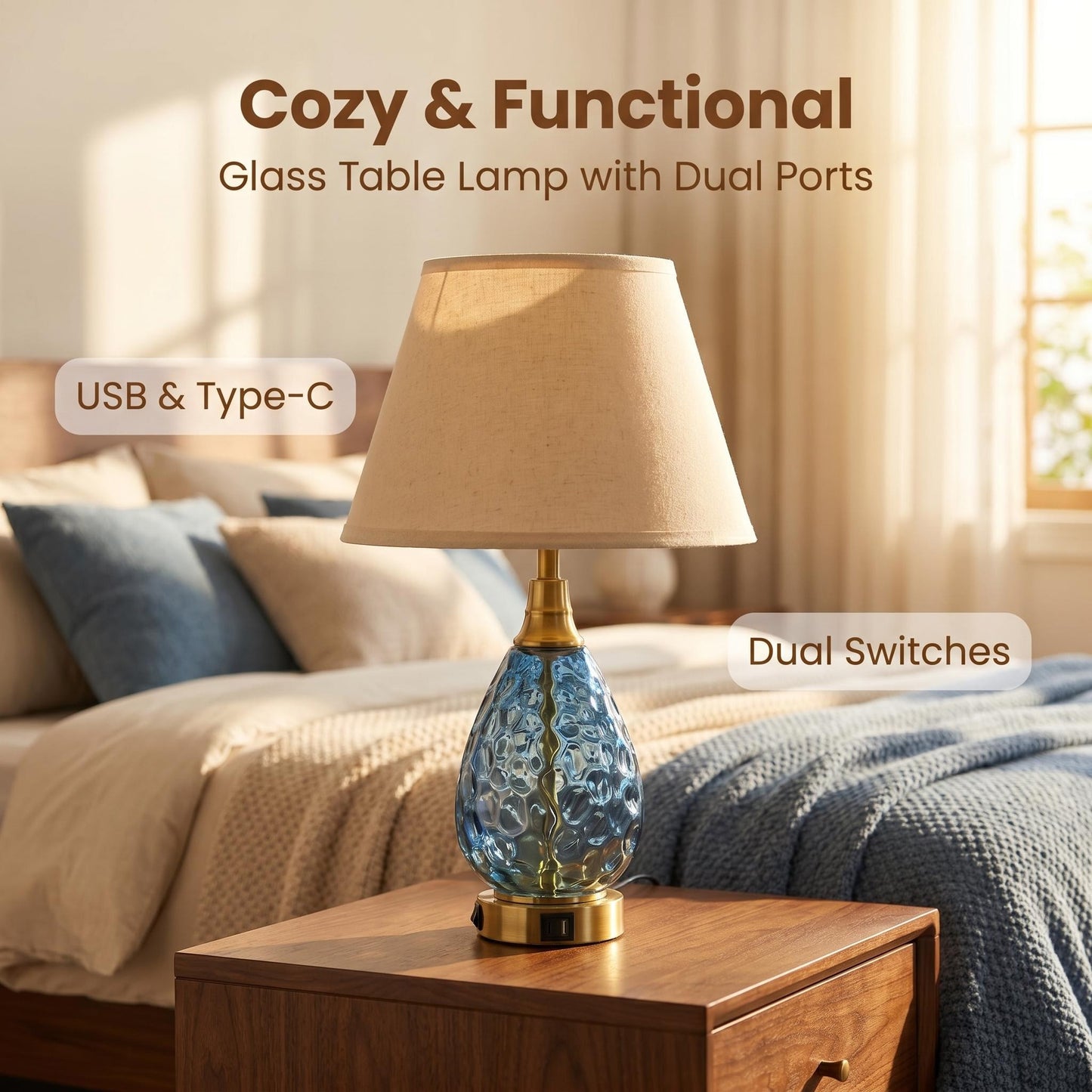 Water Wave Blue Glass Table Lamp, Luxury Gold Base Nightstand Lamp Dimmable Accent Lighting for Hotel & Home Decor