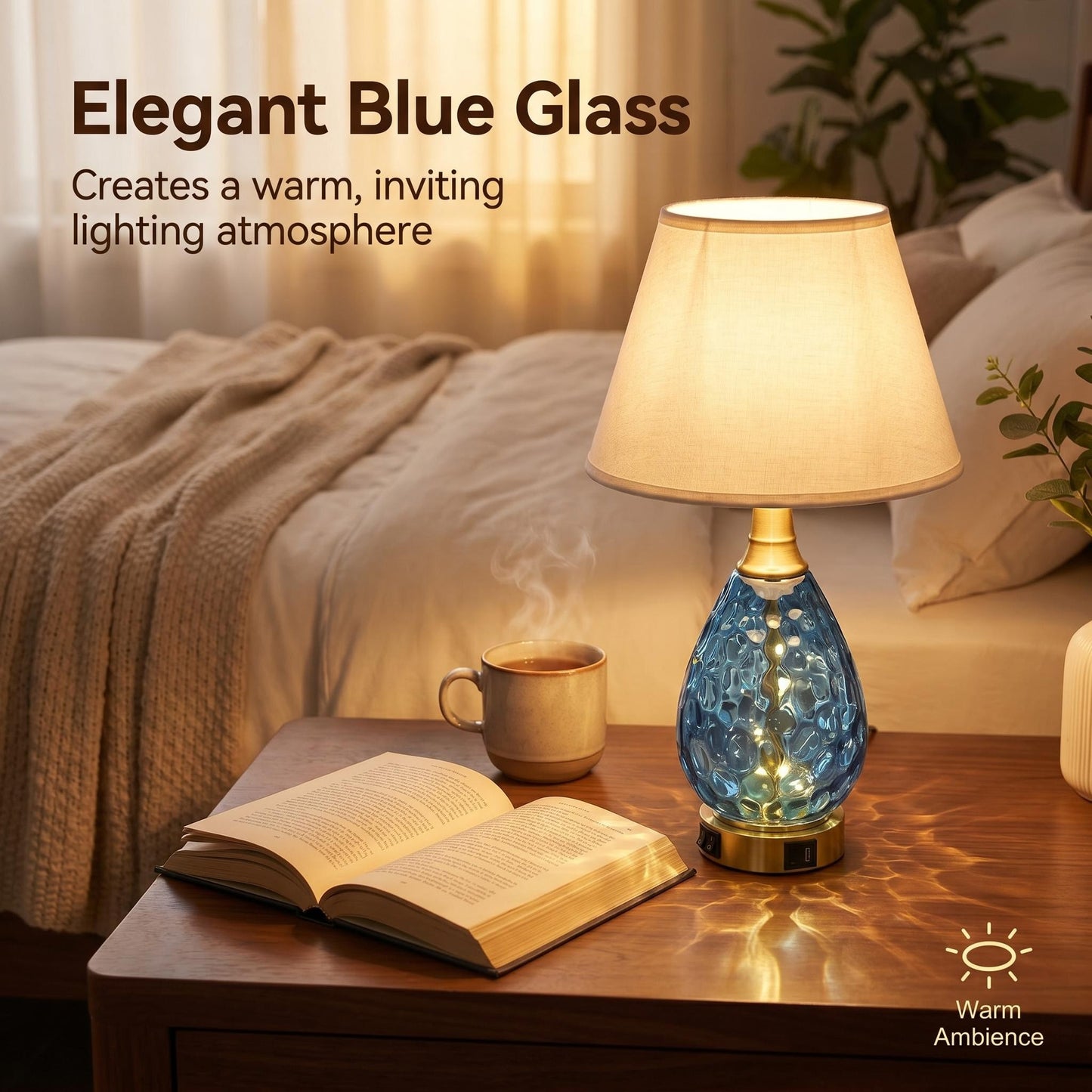 Water Wave Blue Glass Table Lamp, Luxury Gold Base Nightstand Lamp Dimmable Accent Lighting for Hotel & Home Decor