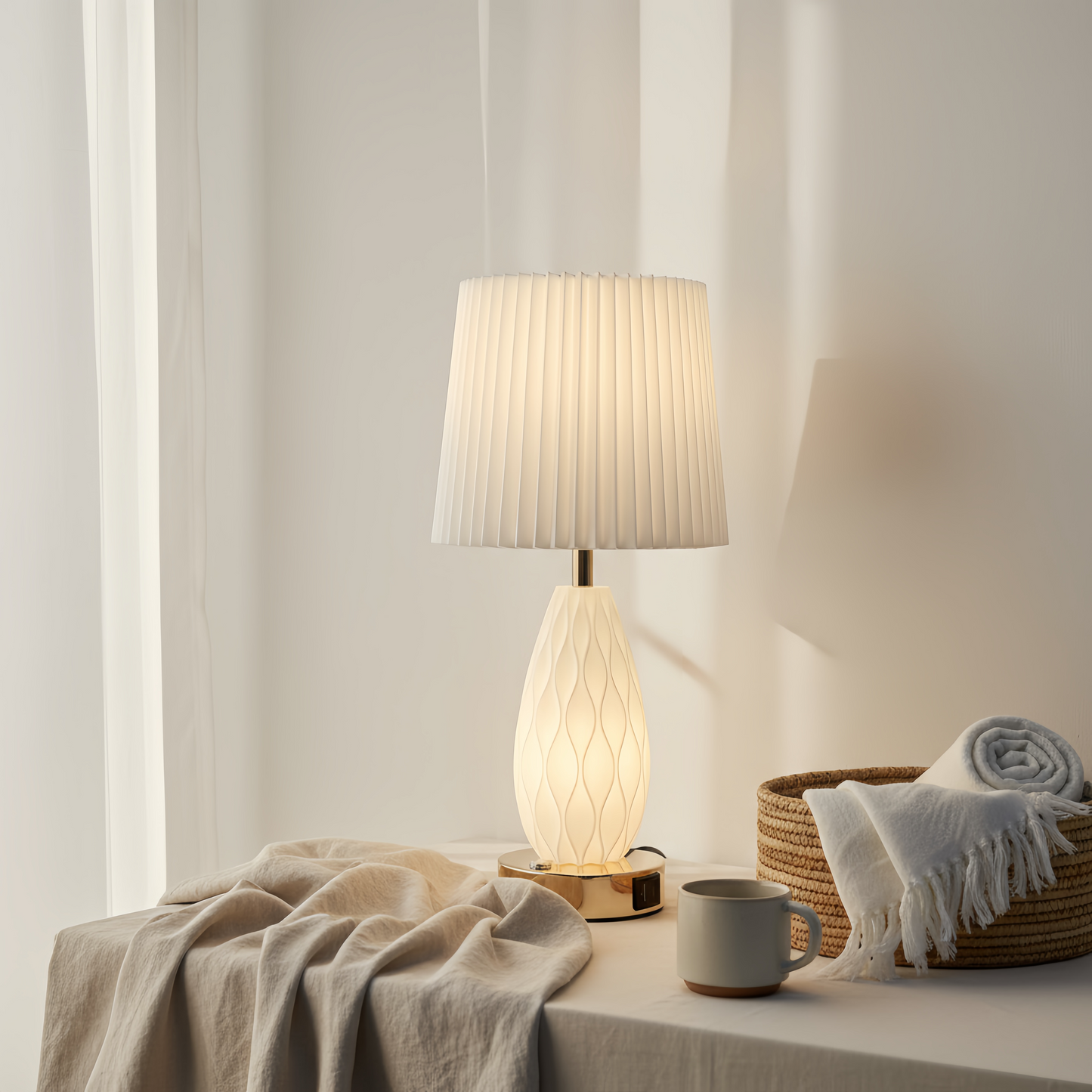 Minimalist White Wavy Glass Table Lamp with Pleated Fabric Shade, Modern Warm Glow Bedside Nightstand Lamp for Bedroom Decor