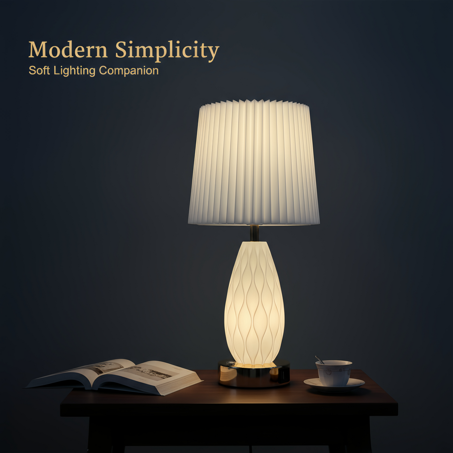 Minimalist White Wavy Glass Table Lamp with Pleated Fabric Shade, Modern Warm Glow Bedside Nightstand Lamp for Bedroom Decor