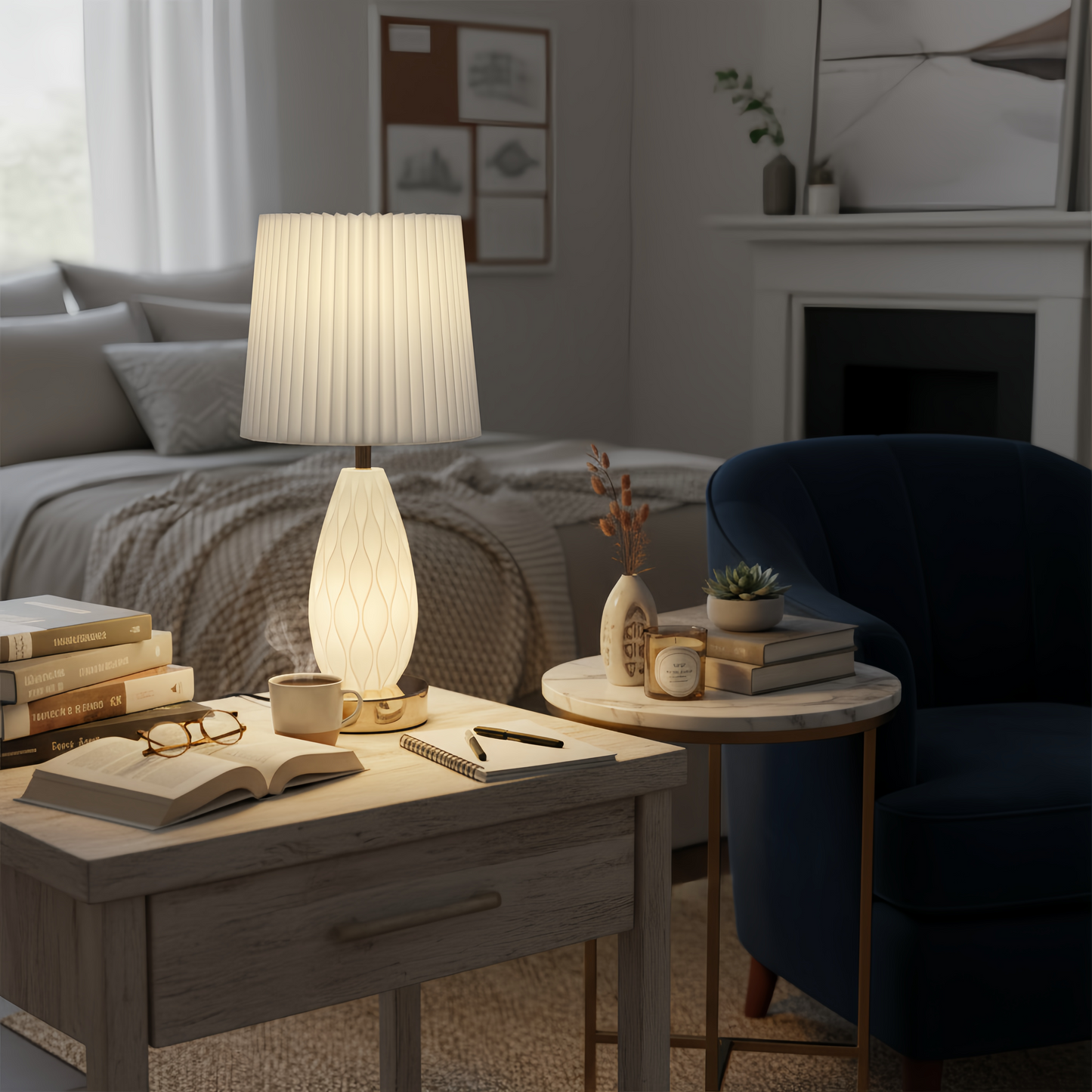 Minimalist White Wavy Glass Table Lamp with Pleated Fabric Shade, Modern Warm Glow Bedside Nightstand Lamp for Bedroom Decor