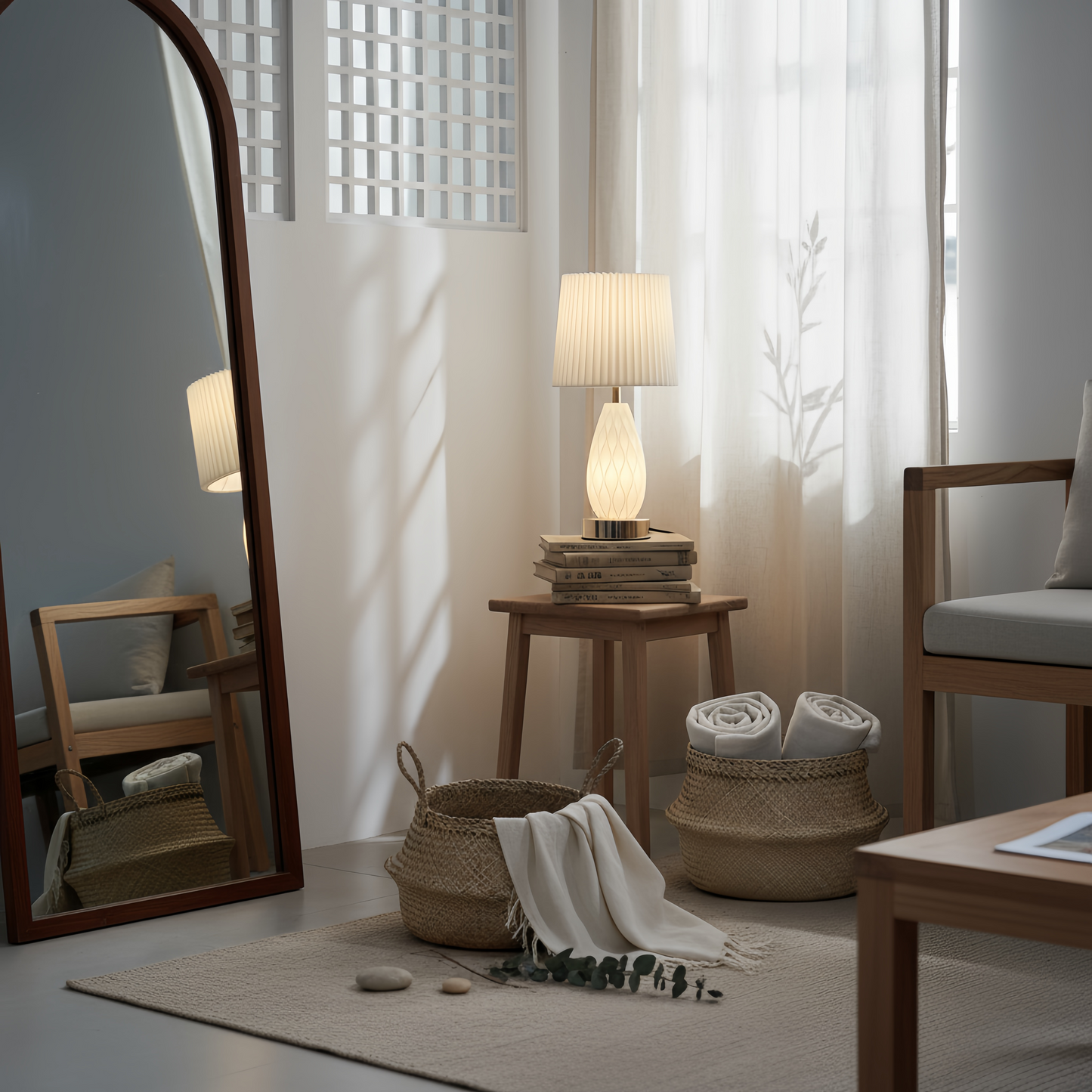 Minimalist White Wavy Glass Table Lamp with Pleated Fabric Shade, Modern Warm Glow Bedside Nightstand Lamp for Bedroom Decor