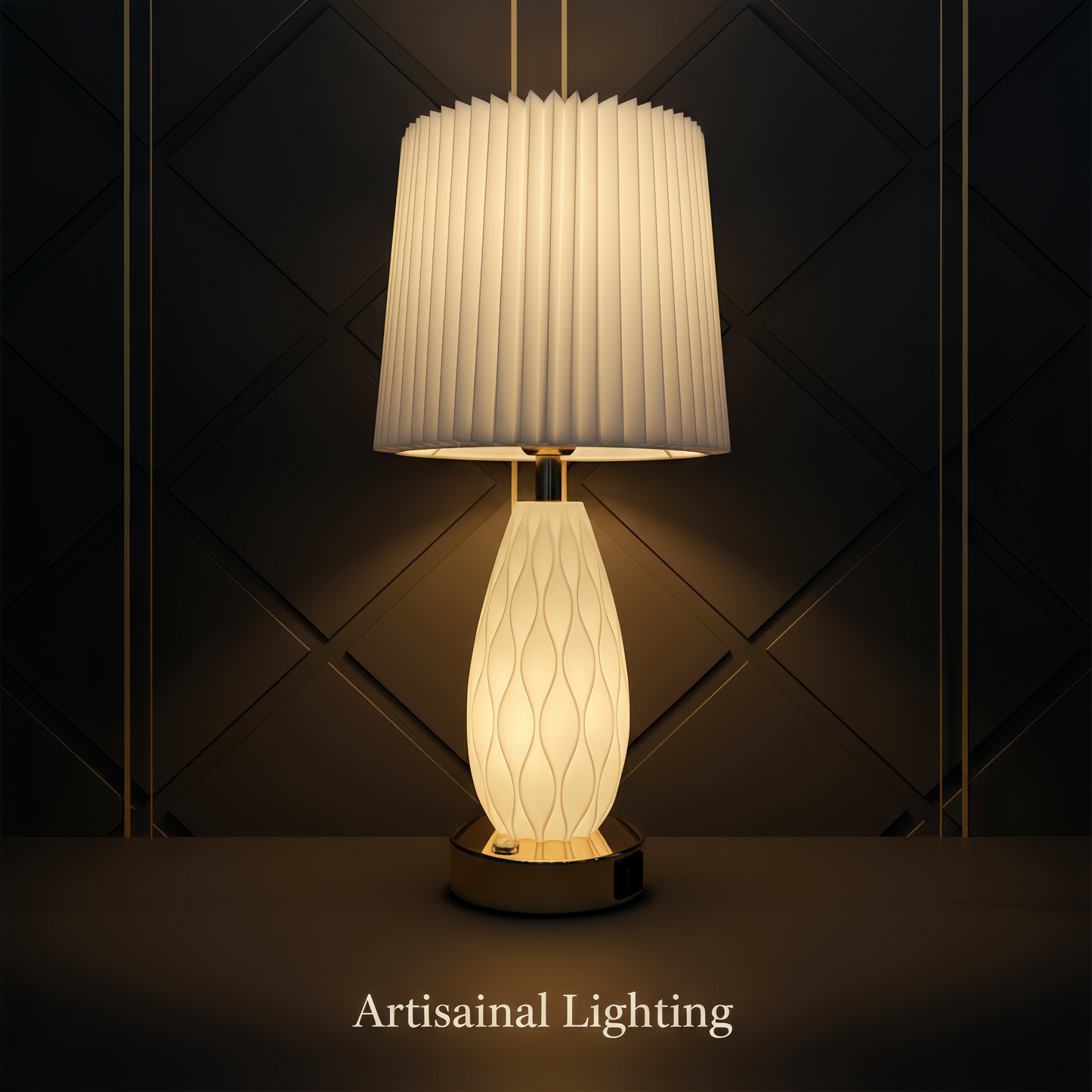 Minimalist White Wavy Glass Table Lamp with Pleated Fabric Shade, Modern Warm Glow Bedside Nightstand Lamp for Bedroom Decor