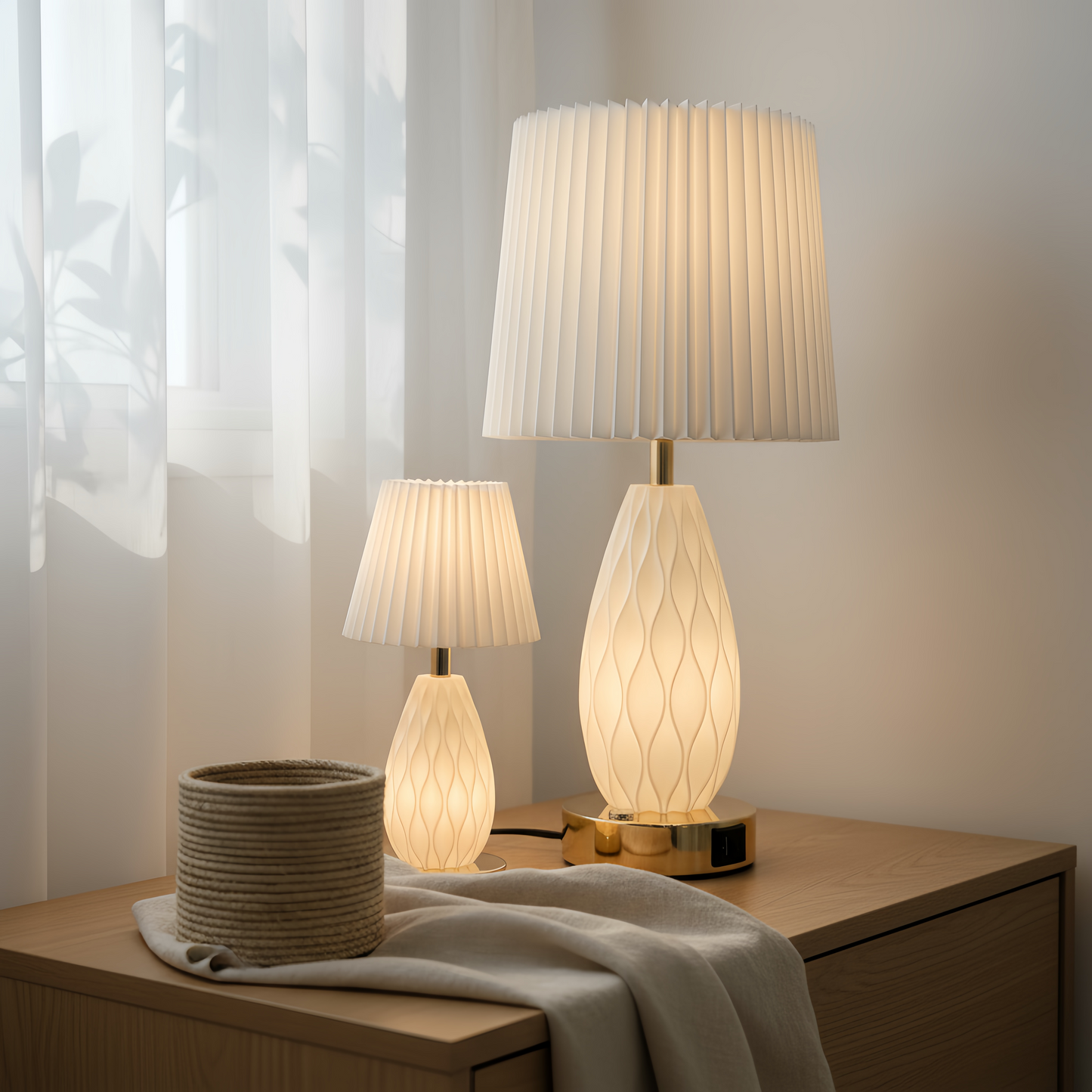 Minimalist White Wavy Glass Table Lamp with Pleated Fabric Shade, Modern Warm Glow Bedside Nightstand Lamp for Bedroom Decor
