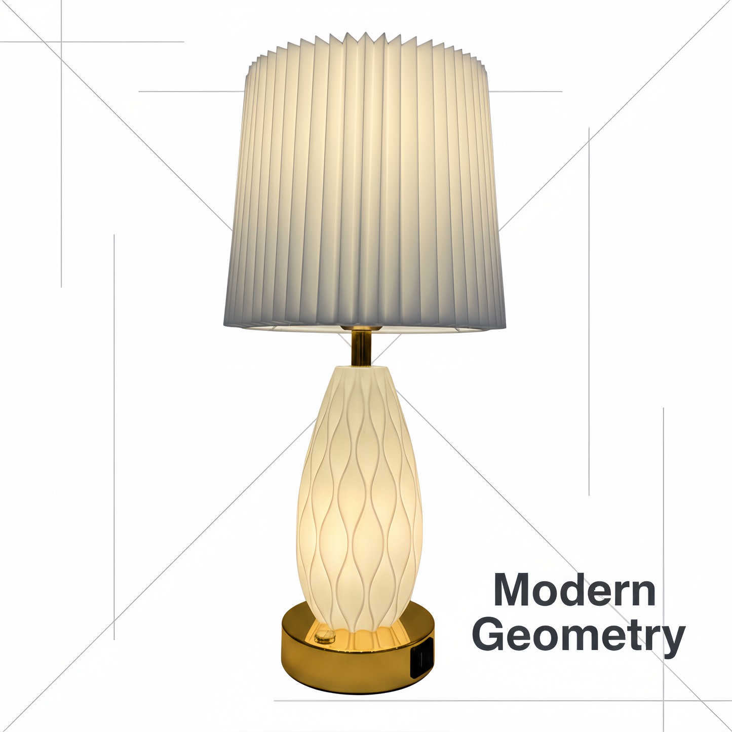Minimalist White Wavy Glass Table Lamp with Pleated Fabric Shade, Modern Warm Glow Bedside Nightstand Lamp for Bedroom Decor