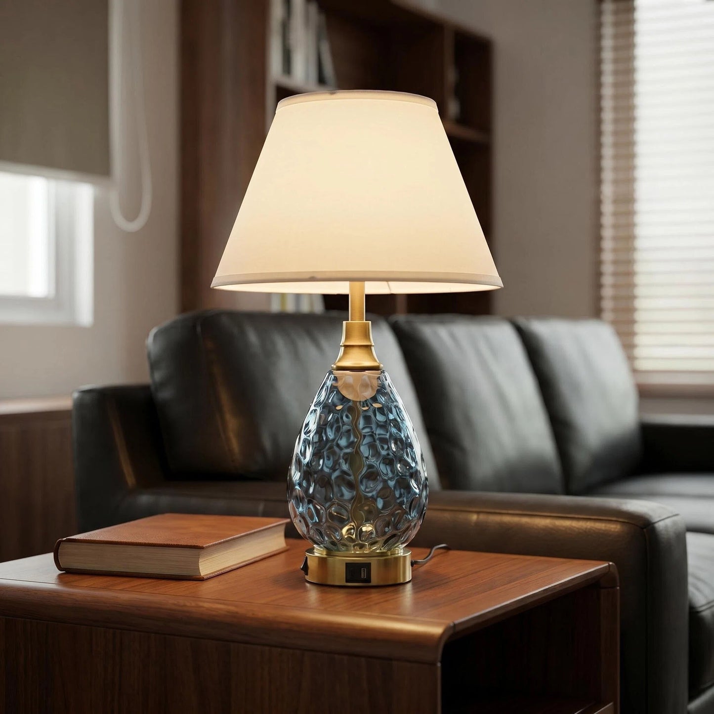 Water Wave Blue Glass Table Lamp, Luxury Gold Base Nightstand Lamp Dimmable Accent Lighting for Hotel & Home Decor