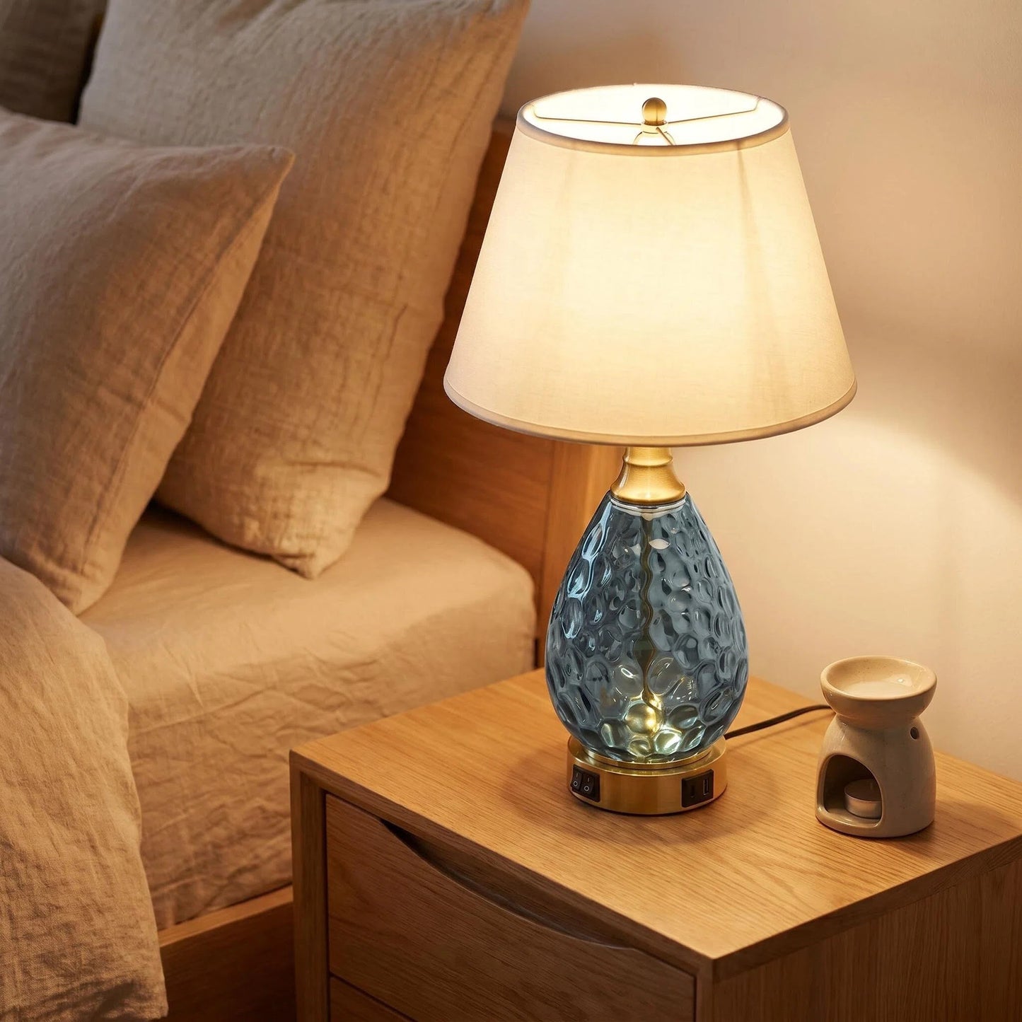 Water Wave Blue Glass Table Lamp, Luxury Gold Base Nightstand Lamp Dimmable Accent Lighting for Hotel & Home Decor