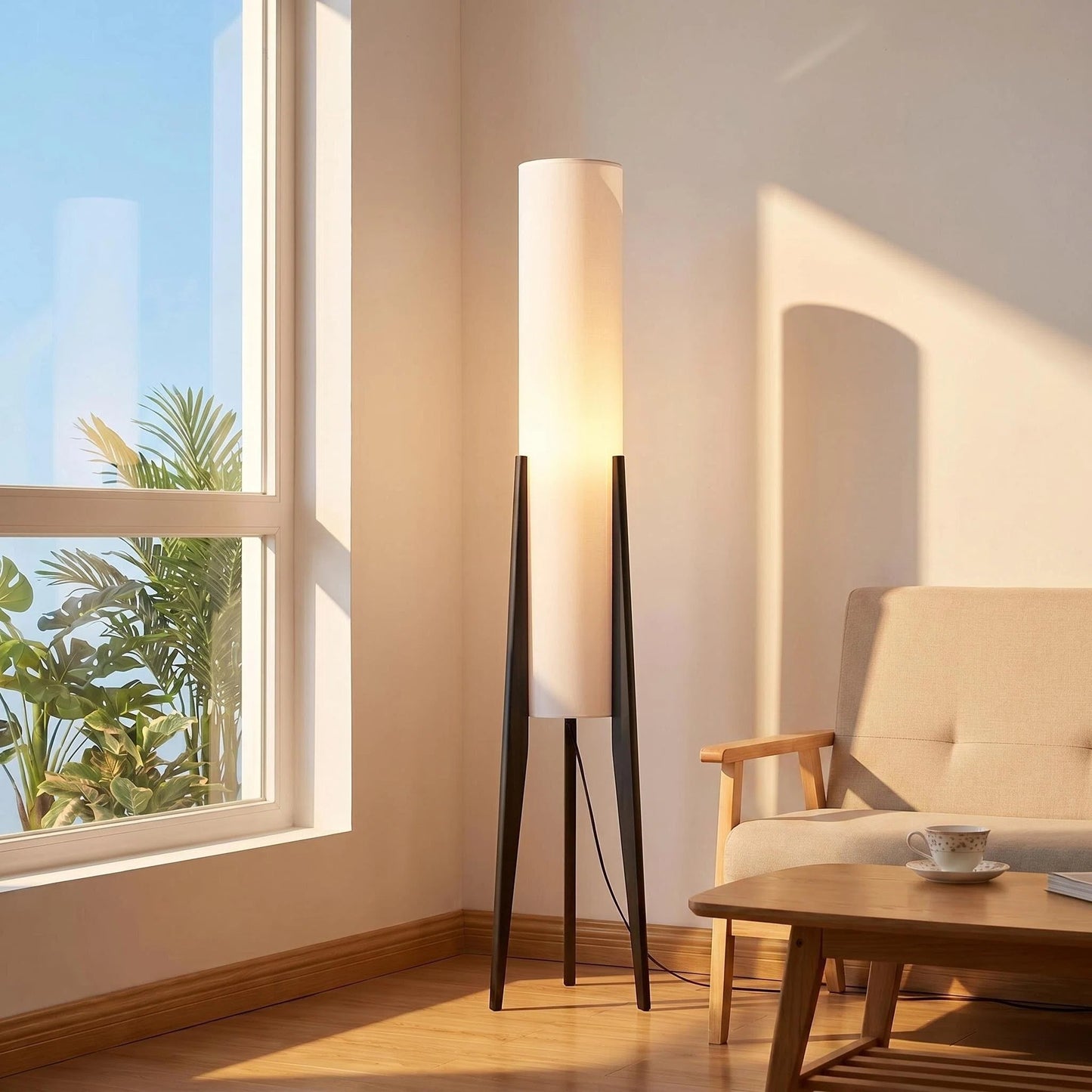 Tripod Wood Floor Lamp with White Cylinder Fabric Shade, Minimalist Japanese Standing Lamp for Living Room Bedroom Wabi-Sabi Decor