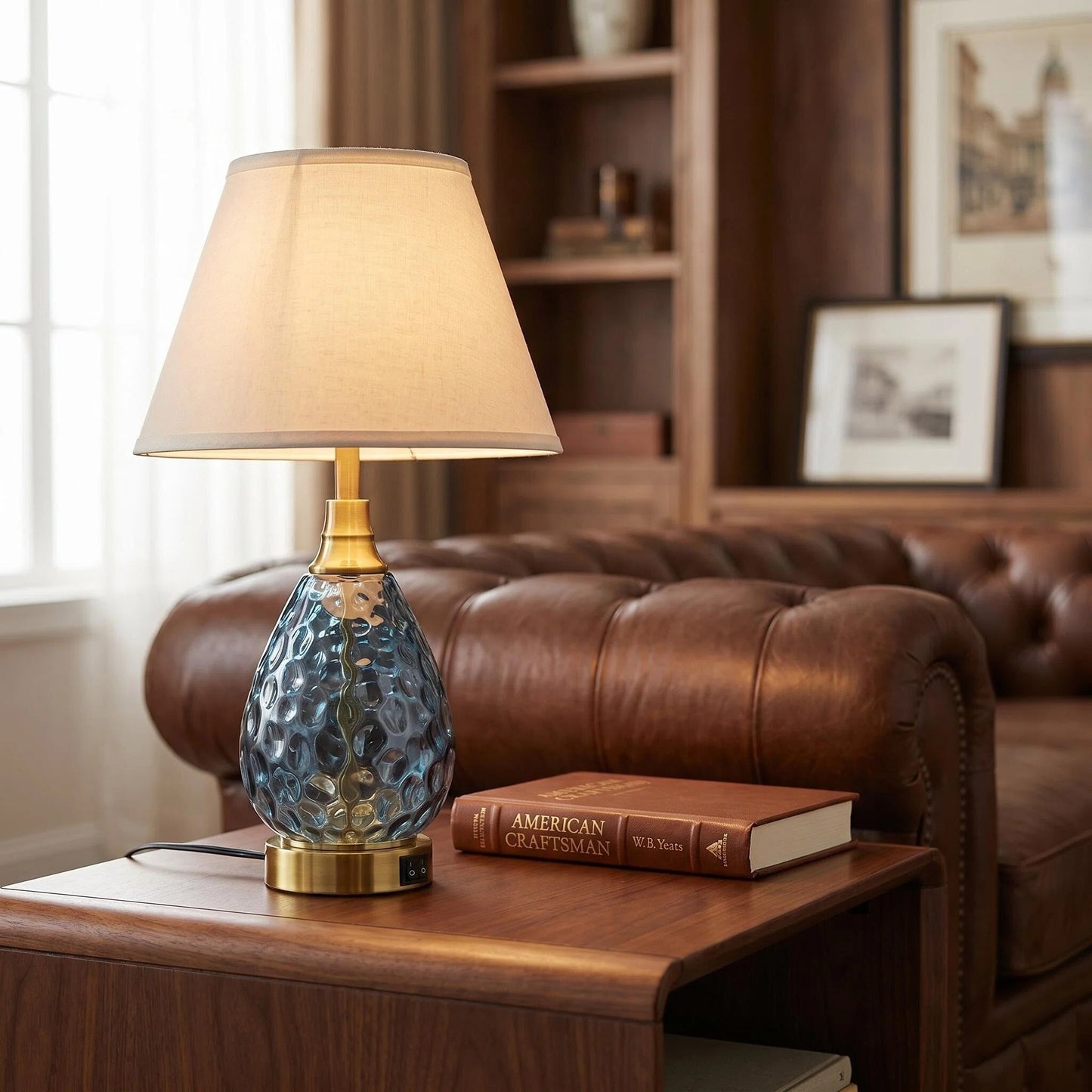 Water Wave Blue Glass Table Lamp, Luxury Gold Base Nightstand Lamp Dimmable Accent Lighting for Hotel & Home Decor