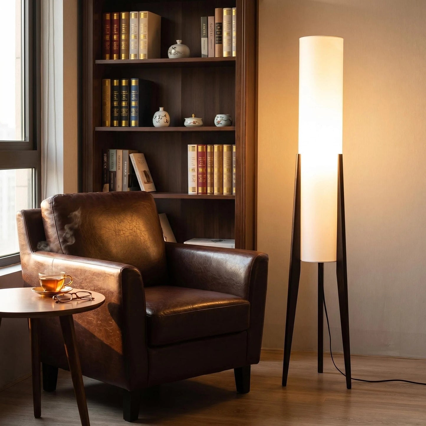 Tripod Wood Floor Lamp with White Cylinder Fabric Shade, Minimalist Japanese Standing Lamp for Living Room Bedroom Wabi-Sabi Decor