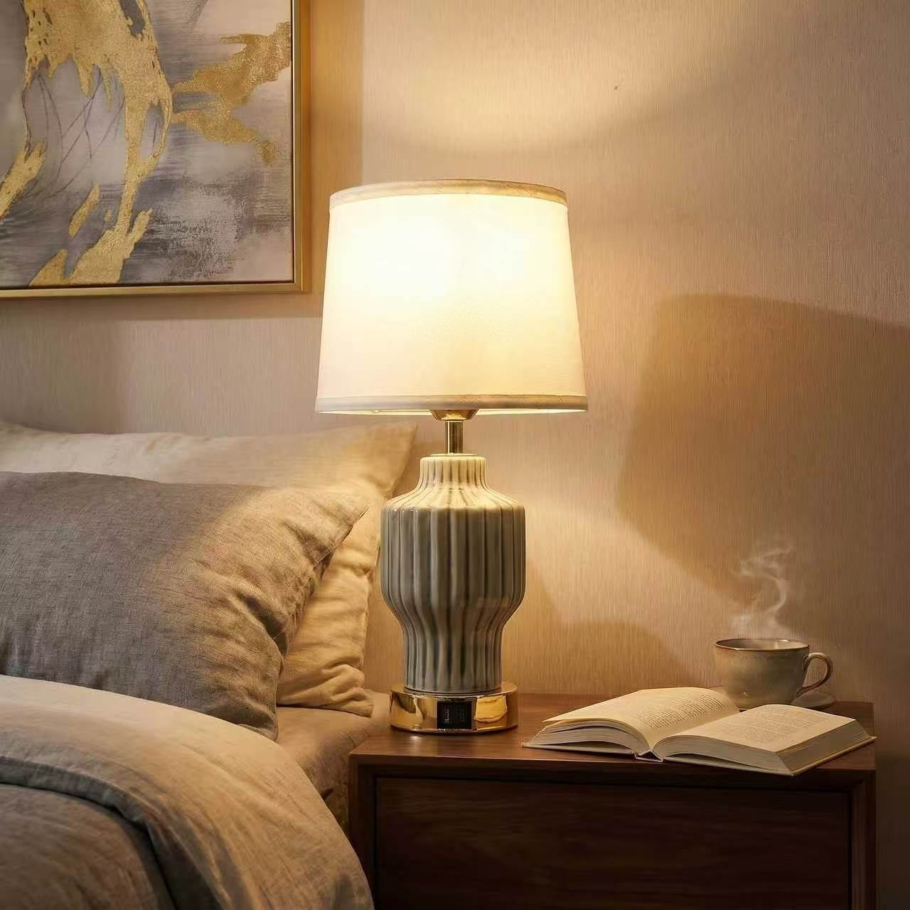 Grey Vertical Ribbed Ceramic Table Lamp with USB Charging Port, Linen Shade Modern Farmhouse Bedside Lamp for Neutral Bedroom Living Room Decor